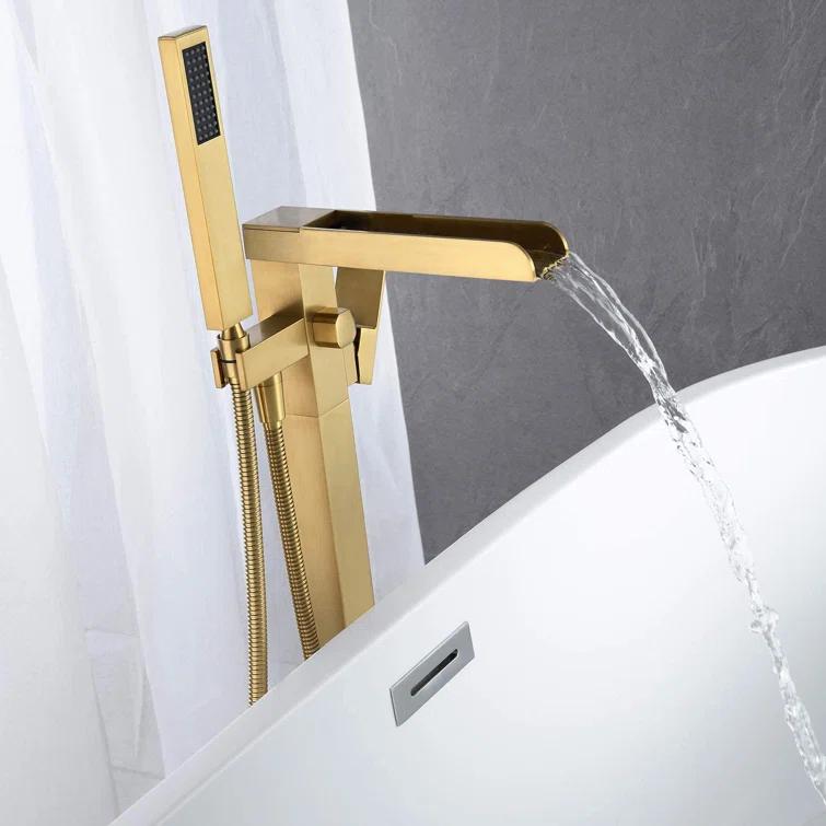 AlenArtWater Waterfall Tub Filler Freestanding Bathtub Faucet Floor Mount Brass Single Handle Bathroom Faucets with Hand Shower 93-LJQKCZ