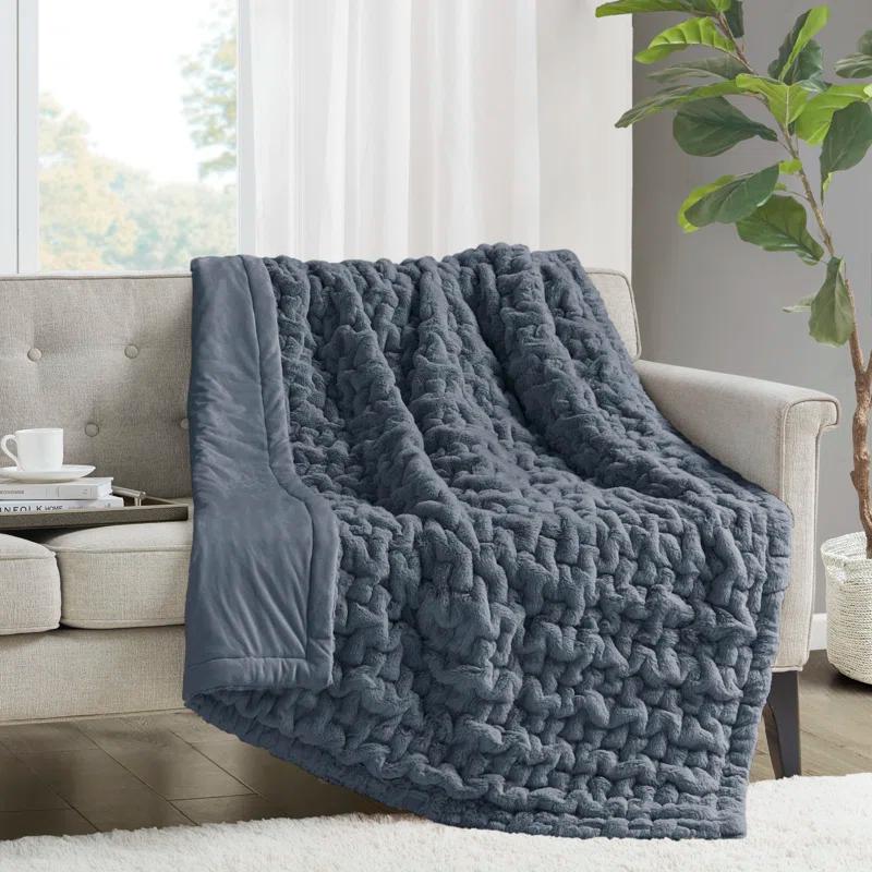 Madison Park Slate Blue Ruched Fur Throw 50x60"