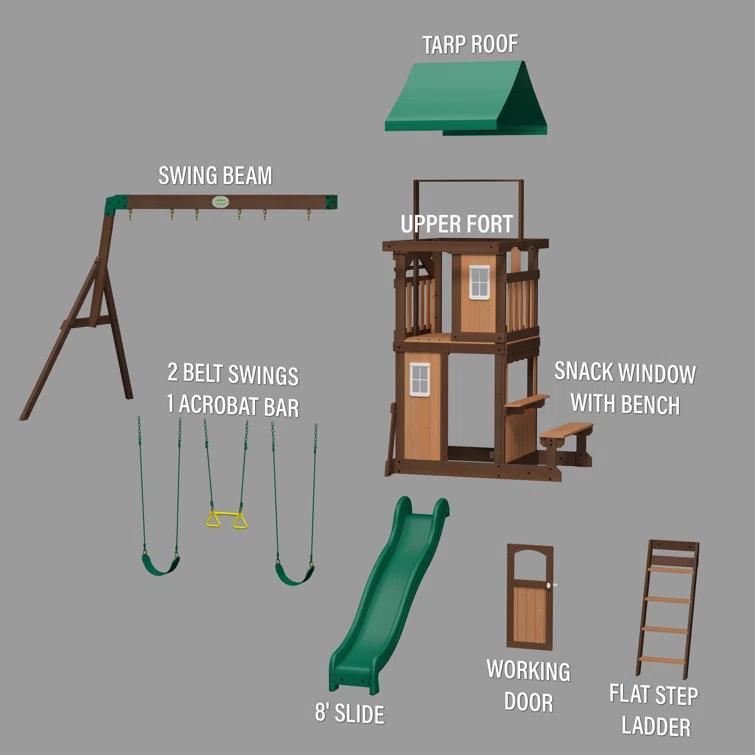 Backyard Discovery Backyard Discovery Lakewood Cedar Wood Swing Set with Wave Slide, Clubhouse, Playhouse, and Snack Bar Window