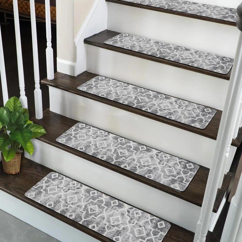 Bungalow Rose Stair Treads Non Slip For Wooden Steps, 15PCS 8"X30" Grey Rubber Backing Stair Runner Mats, Washable Reusable Carpet For Stairs Rugs Indoor Safety Staircase Step Treads For Kids Elders Dogs