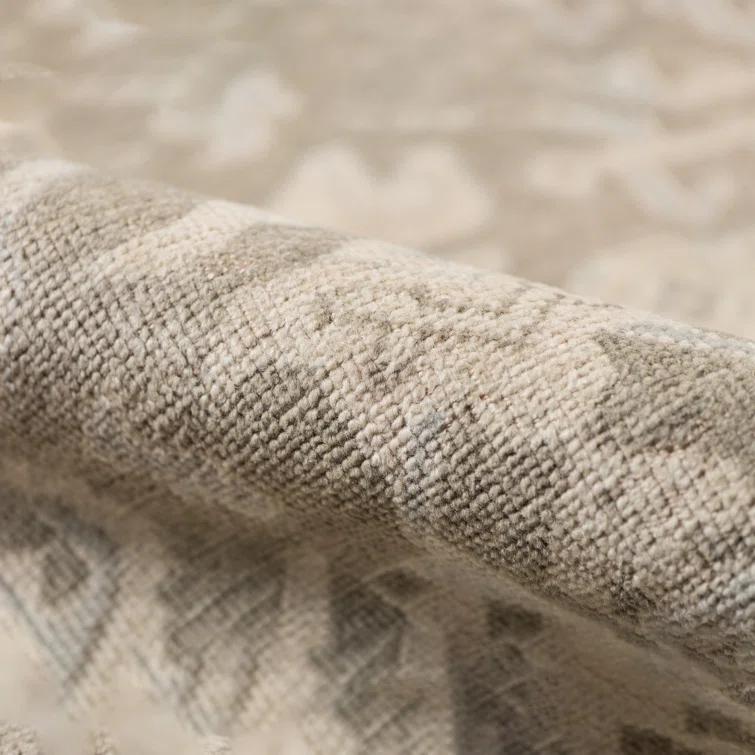 Reversible Taupe Hand-Knotted Wool & Viscose Accent Rug with Faded Embellishment