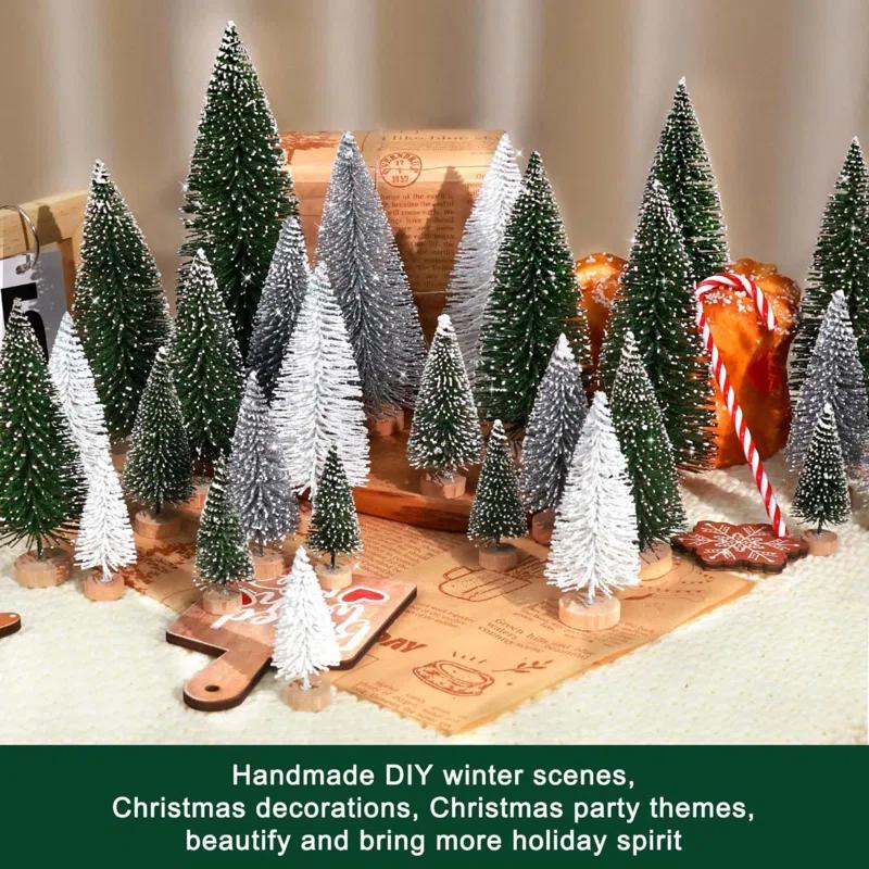 30Pcs Mini Christmas Trees Artificial Christmas Tree Bottle Brush Trees With Wooden Base For Christmas Decor Christmas Party Home Table Craft Decorations