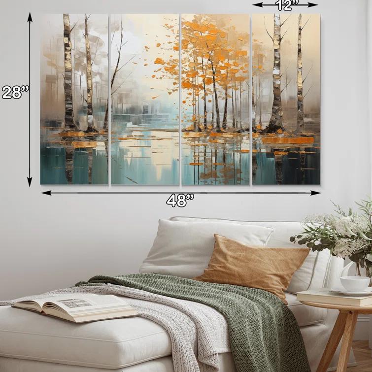Design Art Birch Woods Golden Reflections I - Tree Birch Metal Wall Art Set