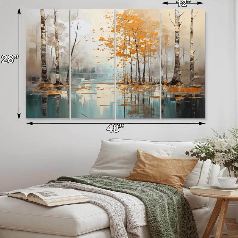 Birch Woods Golden Reflections I - Tree Birch Metal Wall Art Set