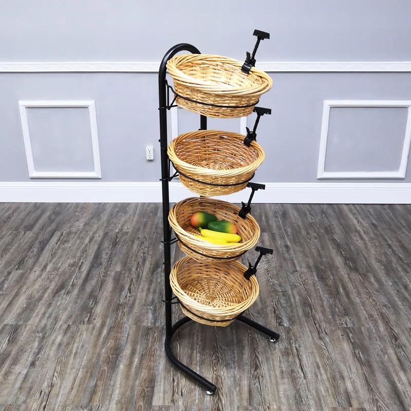 FixtureDisplays 4 Tier Basket Stand, Sign Clips, Wicker Grocery Store Rack Display, Market Basket Rack Kitchen