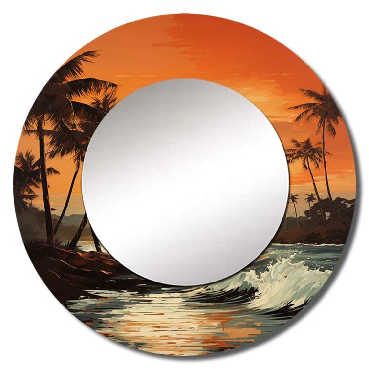 Design Art Tangerine Twilight Tropical Tranquility Sunset I - Palm Trees Large Mirror, Orange Round Decorative Wall Mirror, Printed Metal Art | Wayfair