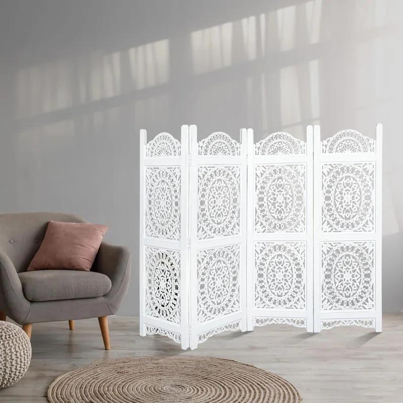 Canora Grey Light & Pro Wood Heart Design Handmade Hinged Foldable Partition 4 Panel Room Divider Screen With Intricately Carved Designs, Pre Assembled - Ready To Use - 48" X 64"