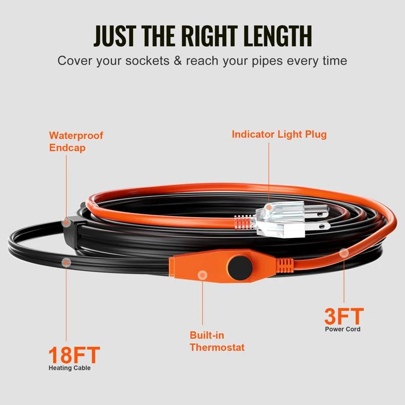 VEVOR Pipe Heating Cable 80FT 7W/FT Heat Tape for Pipes with Built-in Thermostat