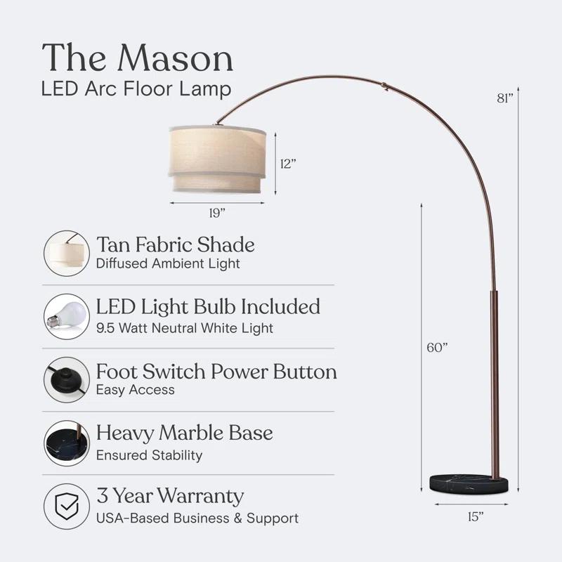 Mason 81 in. Modern Adjustable LED Arched Standing Floor Lamp with Fabric Drum Shade and Weighted Marble Base