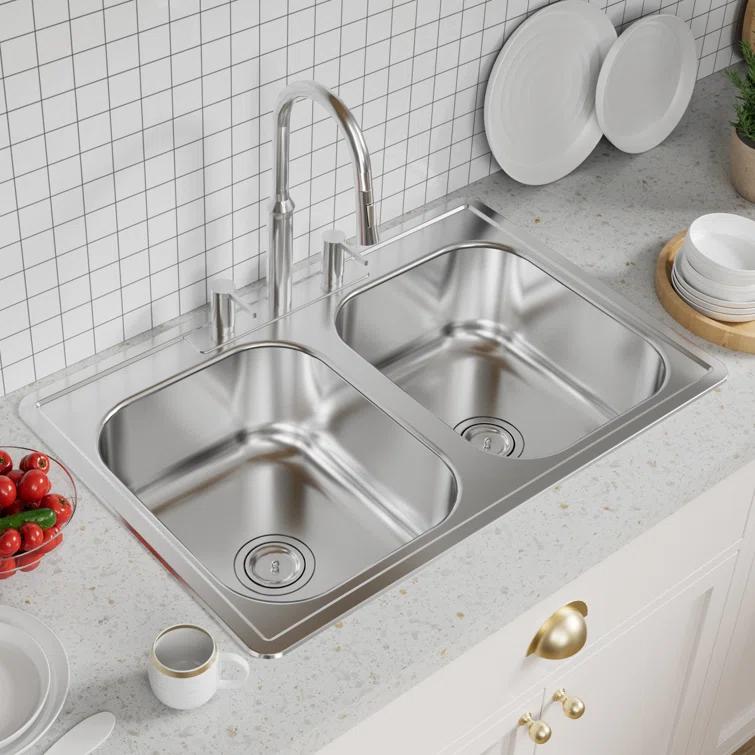 KDK HOME Stainless Steel 33" L x 22" W Drop In/Top Mount Kitchen Sink Double Bowl Stainless Steel Sink KH-3322T