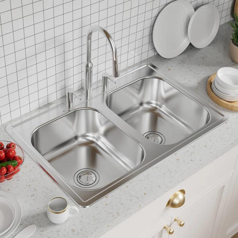 KDK HOME Stainless Steel 33" L x 22" W Drop In/Top Mount Kitchen Sink Double Bowl Stainless Steel Sink KH-3322T
