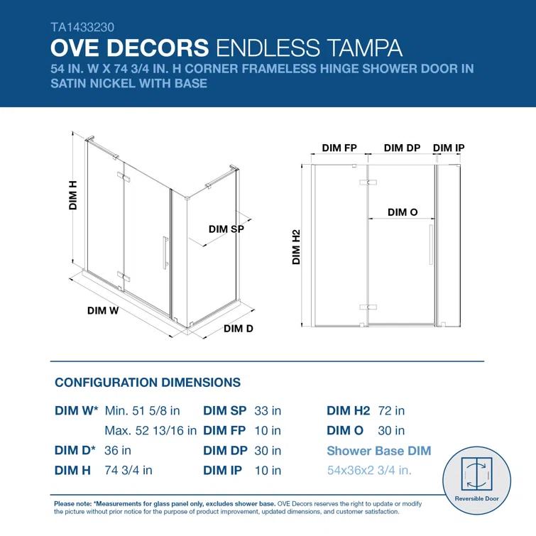 Ove Decors Endless Tampa 54" W x 72" H Corner Frameless Shower Kit, Door, Panel, Base TA1433330