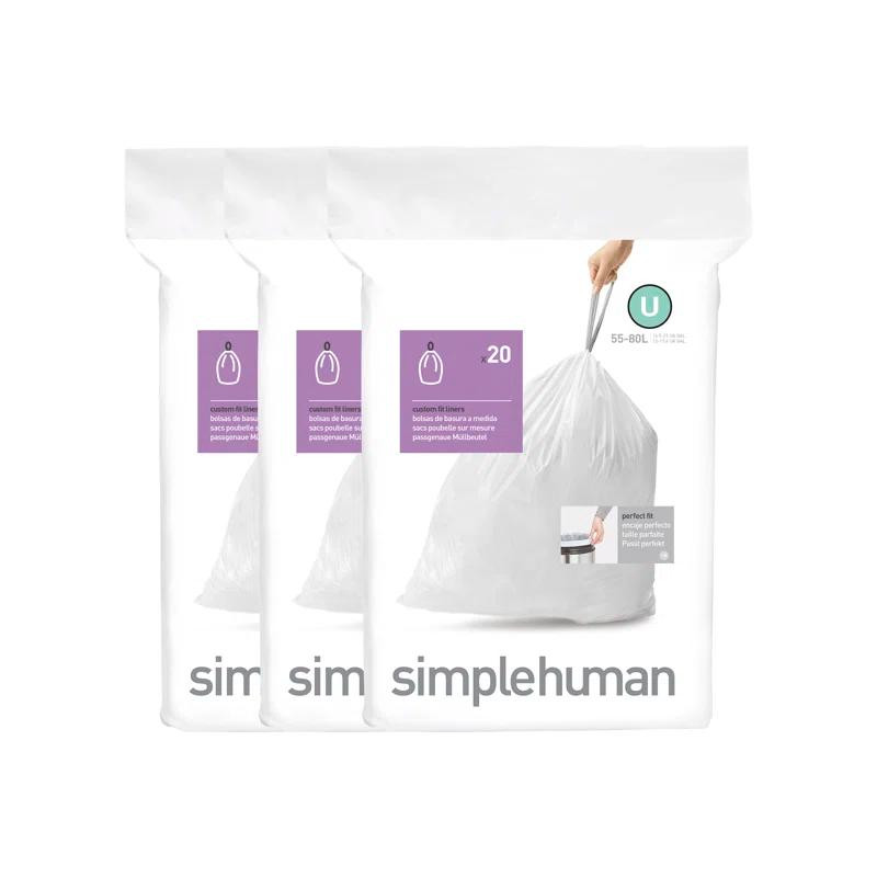 Simplehuman Code U Custom Fit Drawstring Trash Bags, 55 Liter / 14.5 Gallon, White, 60 Liners (Set of 60)