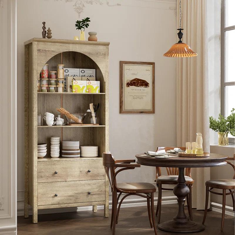 Gracie Oaks Arched Bookcase, Oak Arched Cabinet With Drawers, 71" Tall China Curio Cabinet, Display Cases For Collectibles, Vintage Bookshelf