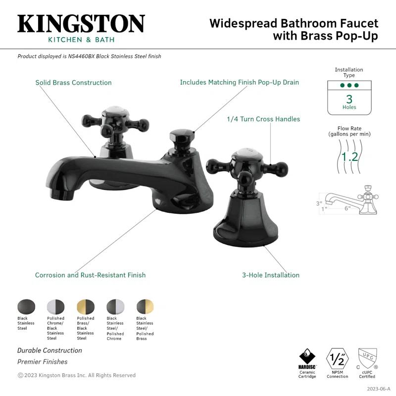 Kingston Brass NS4467BX Kingston Brass Water Onyx Two-Handle 3-Hole Deck Mount Widespread Bathroom Faucet with Brass Pop-Up Drain