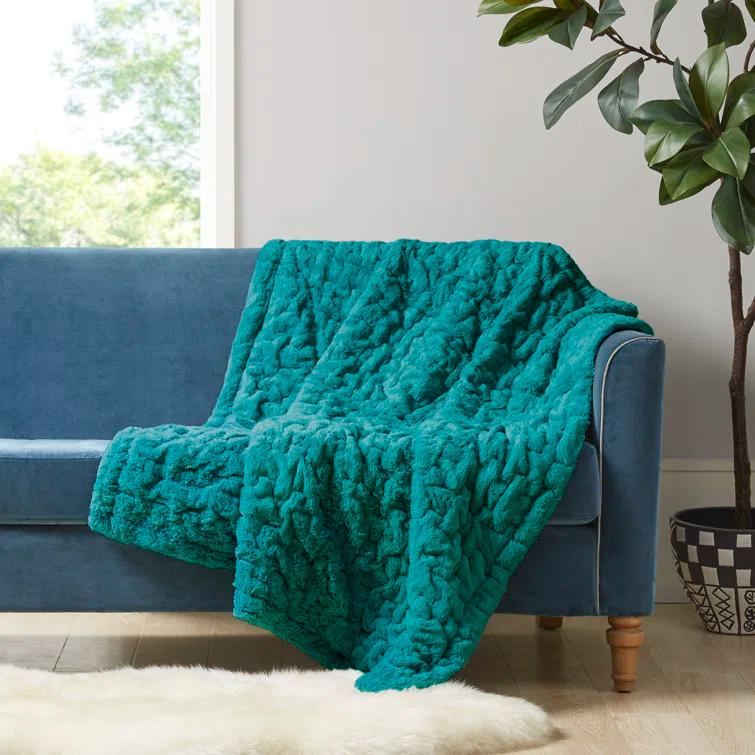 Madison Park Teal Ruched Fur Throw 50x60"