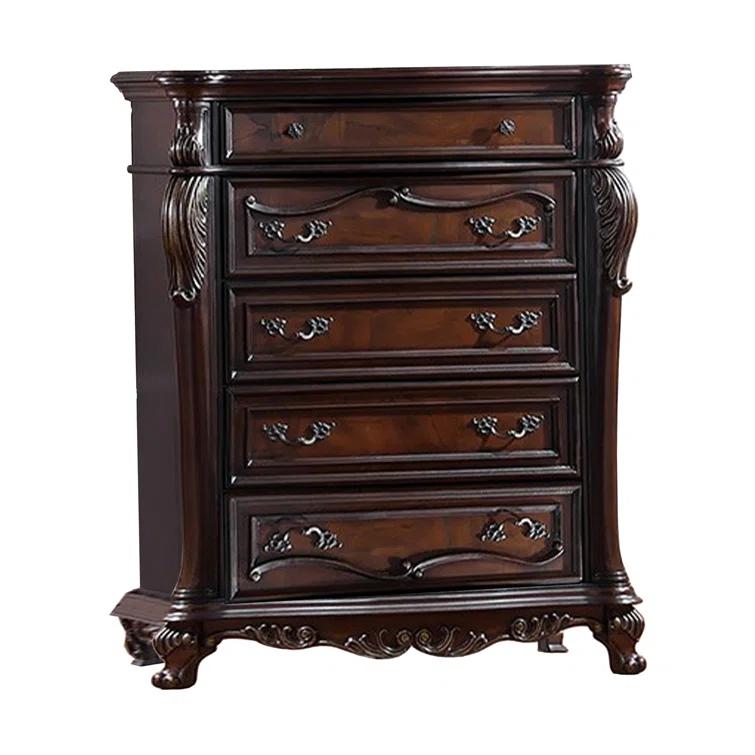 Benjara Venta Tall Dresser Chest, 5 Drawers, Carved Details Cherry Brown Solid Wood | Wayfair