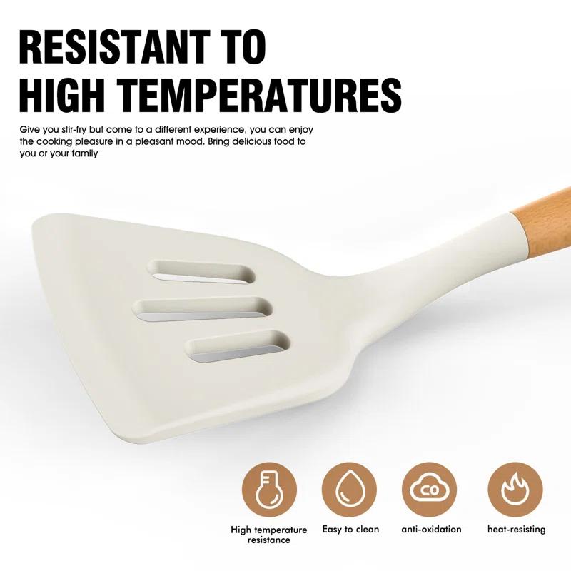 FAST APPLIANCES LLC Silicone Cooking Utensils Set - Silicone Kitchen Utensils For Cooking Wooden Handles, 446°F Heat Resistant Kitchen Utensil Spatula Sets W Holder, Gadgets For Non-Stick Cookware BPA FREE (Cream White)