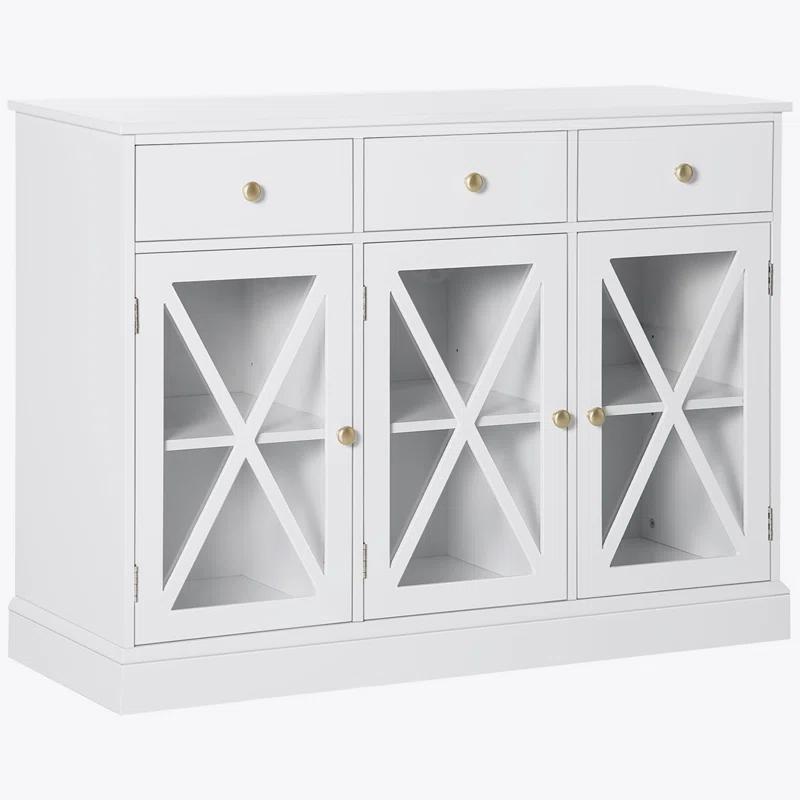 Gracie Oaks 45" Farmhouse Sideboard Buffet Cabinet, Credenza,Coffee Bar Cabinet with Glass Doors and 3 Drawers, White