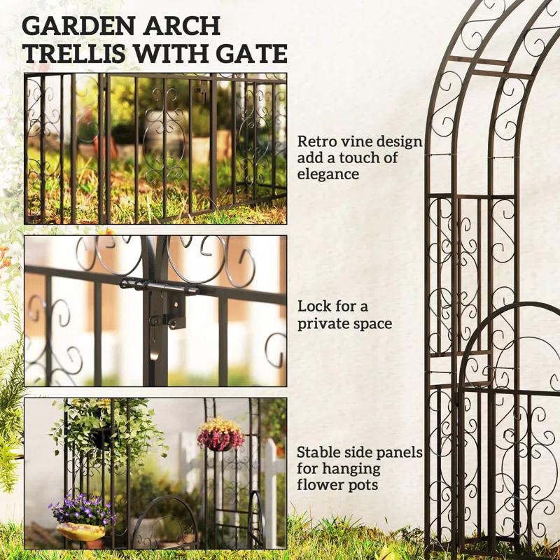 Outsunny 7.4ft Steel Garden Arch with Gate, Garden Arbor Trellis, Black