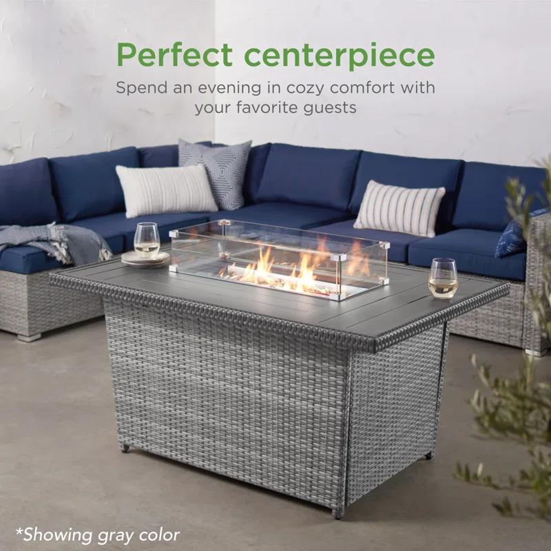 Wicker Propane Fire Pit Table, 50,000 BTU W/ Glass Wind Guard, Cover - 52In