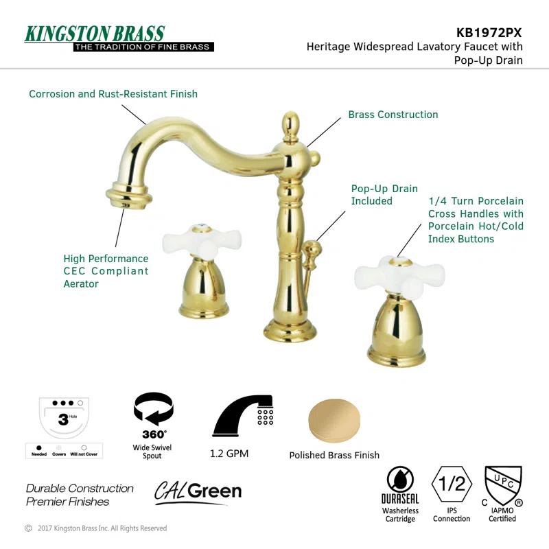 Kingston Brass Heritage Two-Handle 3-Hole Deck Mount Widespread Bathroom Faucet with Pop-Up Drain