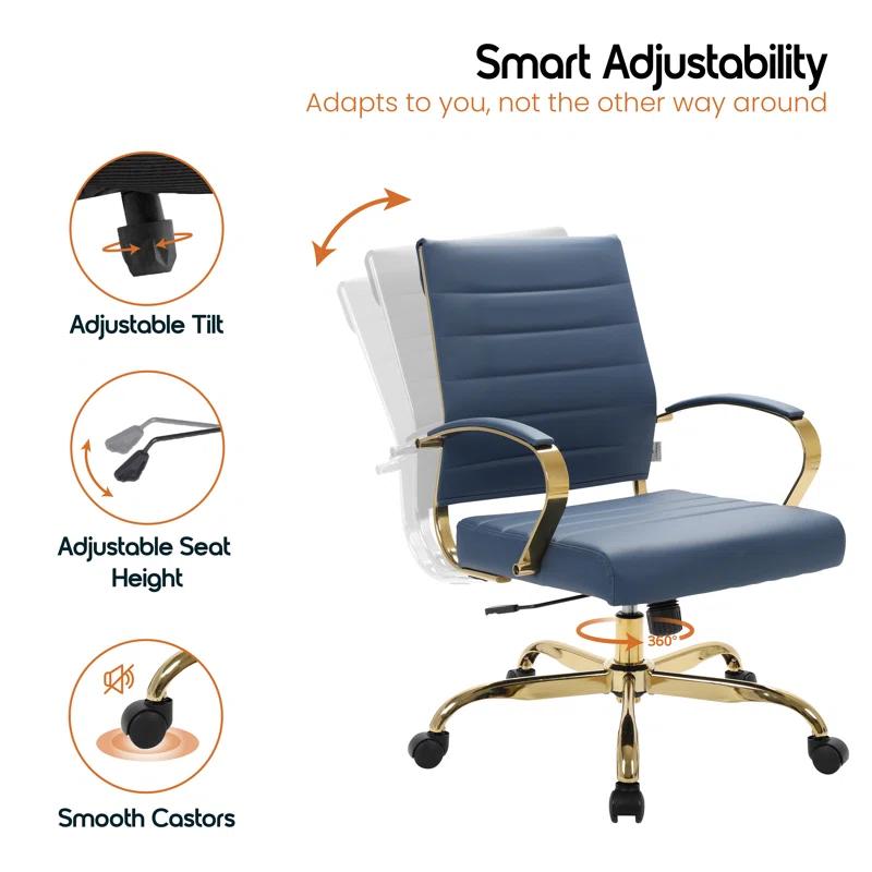 Everly Quinn Naudain Leather Office Chair – Modern Executive Swivel Task Chair with Wheels, Adjustable Height & Padded Arms for Desk or Conference Room