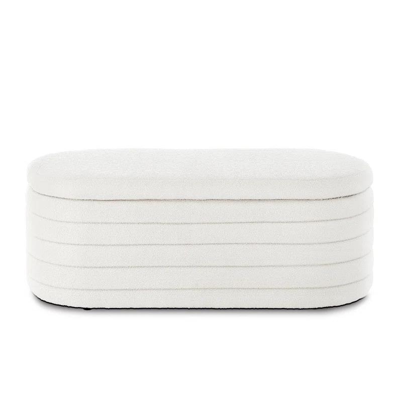 Modern Oval Storage Ottoman Bench, Upholstered Boucle Teddy Fabric End Of Bed Bench With Storage, End Of Bed Stool With Safety Hinge For Bedroom, Living Room, Entryway