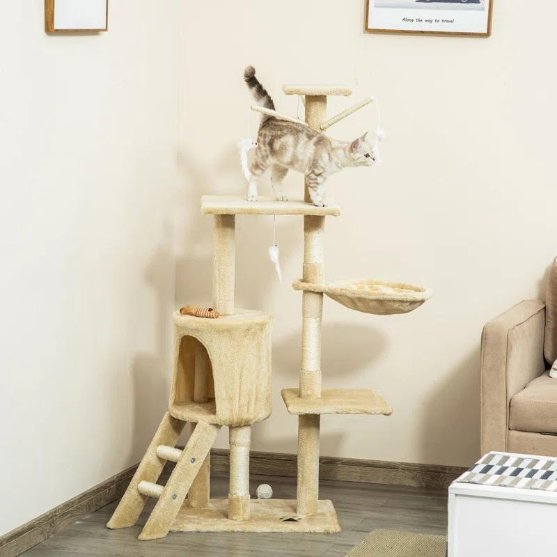 Tucker Murphy Pet™ 53" Plush Sturdy Interactive Cat Condo Tower Scratching Post Activity Tree House - Beige