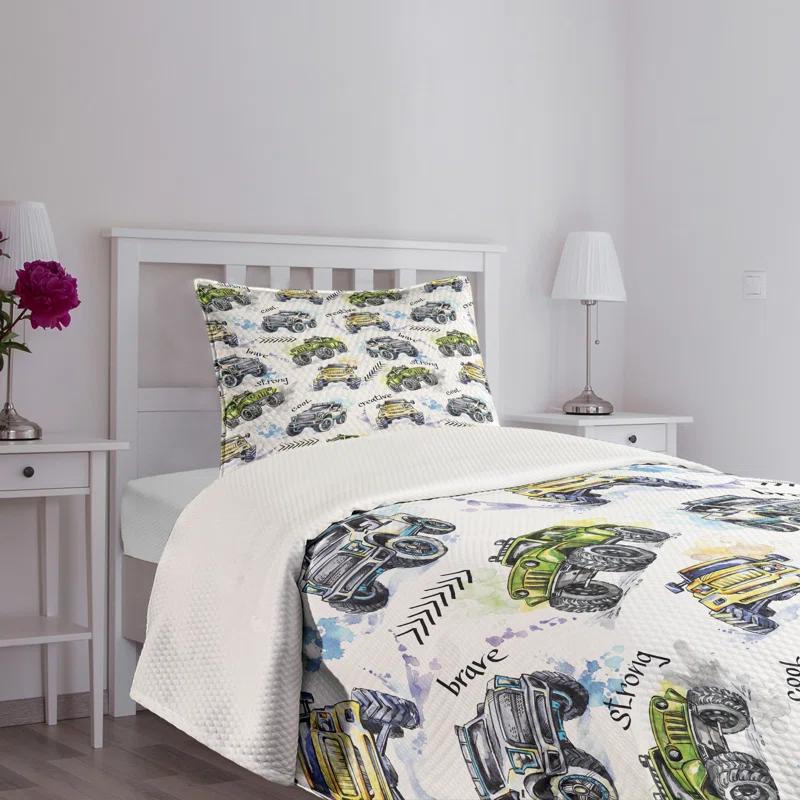 Ambesonne Ambesonne Cars Bedspread Set Hand Drawn Monster Truck Yellow Lavender Blue