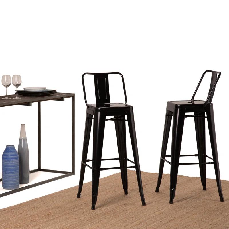 Simpli Home Rayne Metal Industrial Stool with Curved Back, Cross-Brace, and Footrest