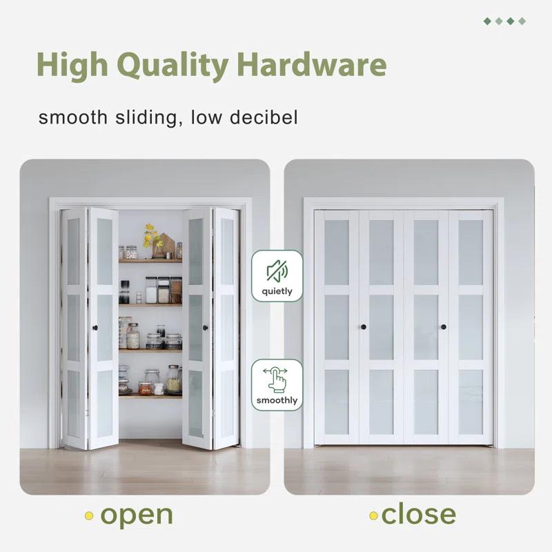 Frosted Glass And Solid Manufactured Wood Bi-Fold Door With Installation Hardware Kit
