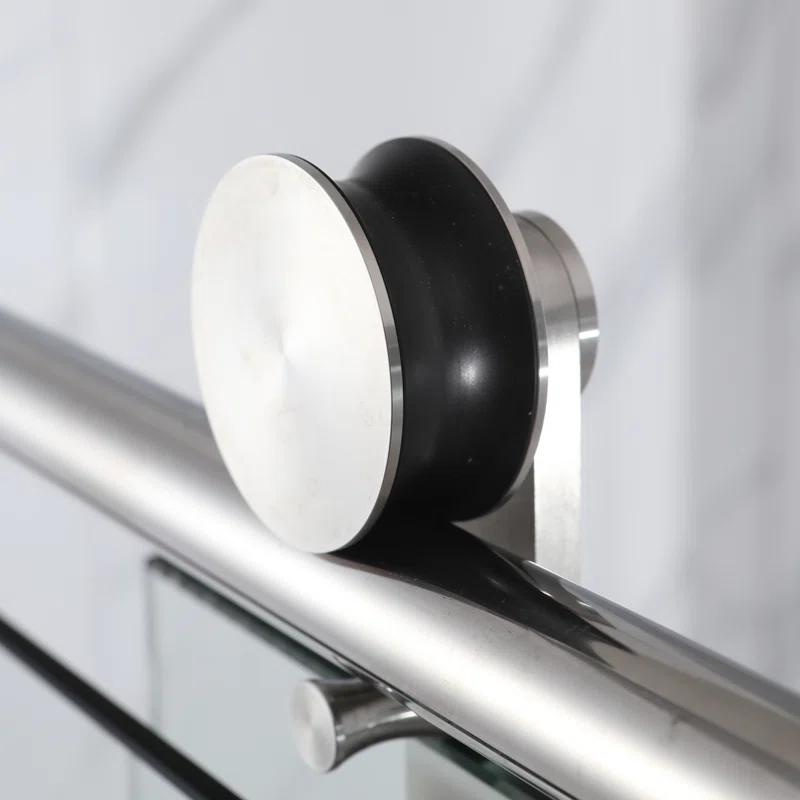 Frameless Single Sliding Shower Door, 5/16" (8Mm) Clear Tempered Glass With Explosion-Proof Film, Brushed Nickel Finish, Stainless Steel Hardware