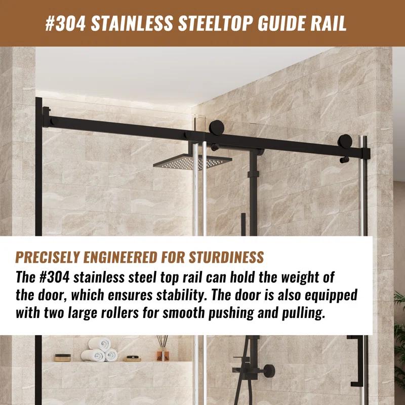 60" W x 76" H Framed Shower Door Single Sliding 10MM Tempered Glass 304 Stainless Steel Accessories