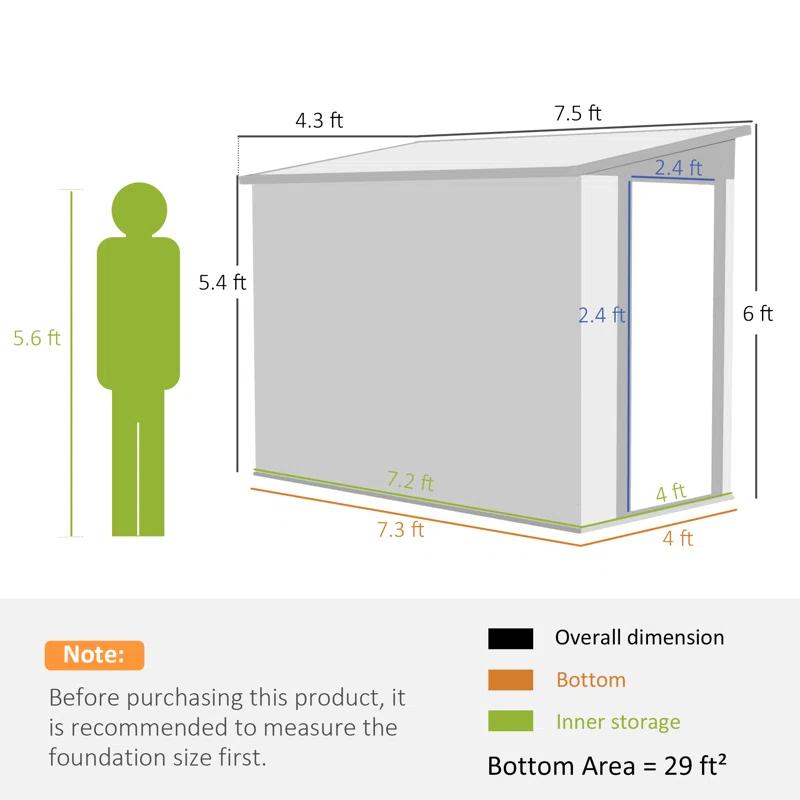 Outsunny 4' x 7.7' Metal Outdoor Storage Shed, Lean to Storage Shed, Garden Tool Storage House with Lockable Door and 2 Air Vents for Backyard, Patio, Lawn