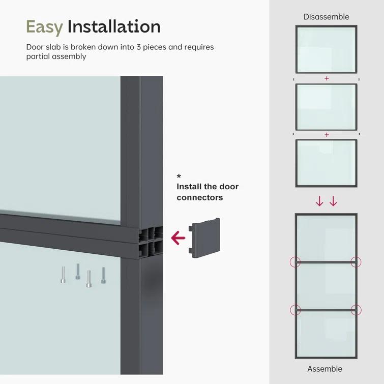 TREEBLING 84" Metal and Glass Sliding Barn Door with Two-Way Soft Close and Installation Hardware Kit