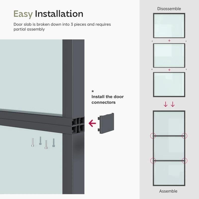 TREEBLING 84" Metal and Glass Sliding Barn Door with Two-Way Soft Close and Installation Hardware Kit