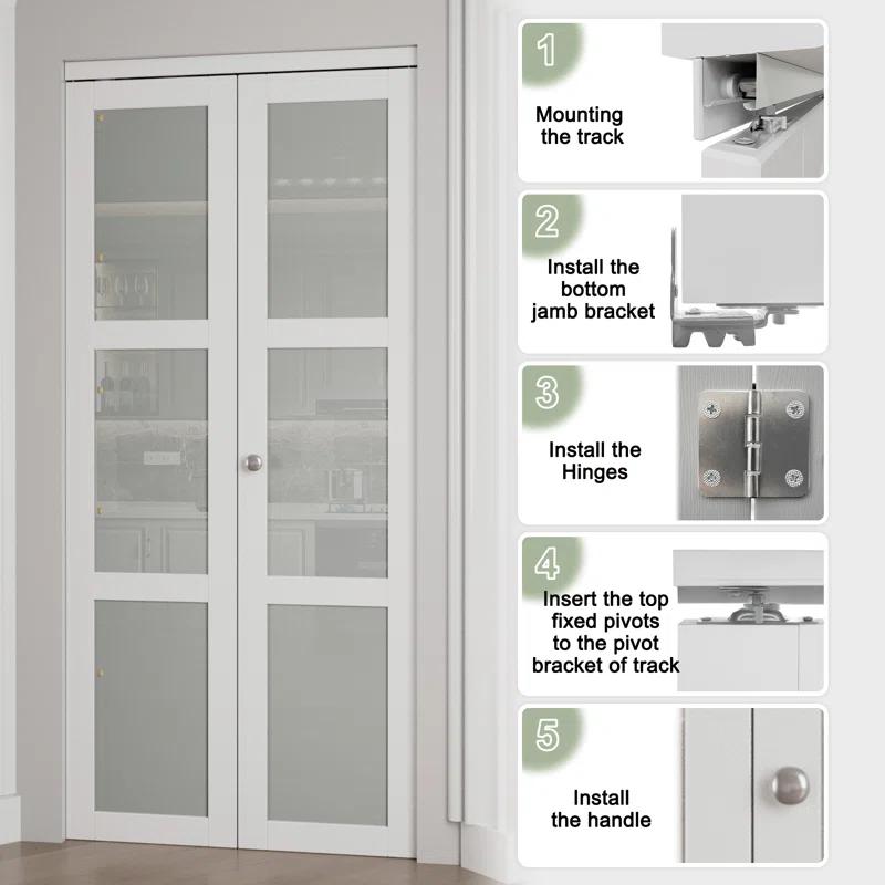 EASELIFE Frosted Glass And Solid Manufactured Wood Bi-Fold Door With Installation Hardware Kit