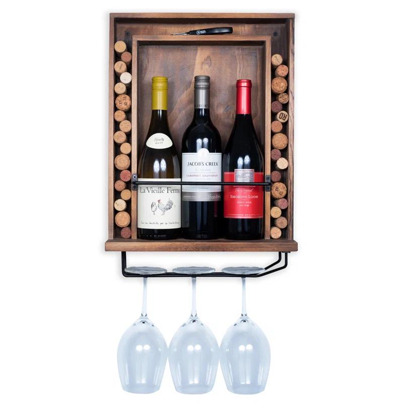 Rustic State 3 Bottle Solid Wood Wall Mounted Wine Bottle & Glass Rack in Dark Brown | Wayfair