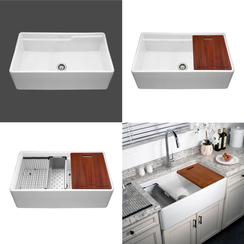 Houzer CHE-3320SAW WH-C Houzer 33 in White Fireclay Single Farmhouse Dual Level Workstation & Accessories-CHE-3320SAW-WH-C