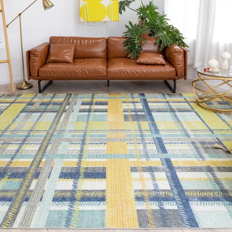 NELE Machine Washable Modern Lattice Area Rug Yellow/Blue Multi