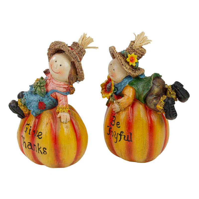 Northlight Seasonal Girl and Boy Scarecrows with Pumpkins Fall Harvest Figures