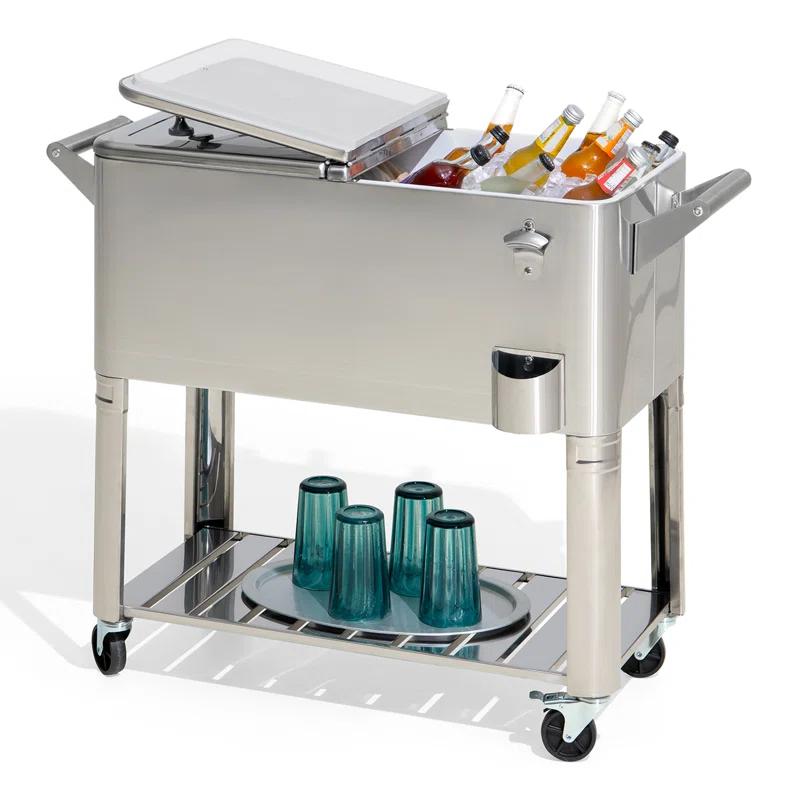 Sunjoy Sunjoy 80 Quart Patio Cooler Cart Stainless Steel Rolling Ice Chest With Steel Bottle Opener, Shelf And Lockable Wheels