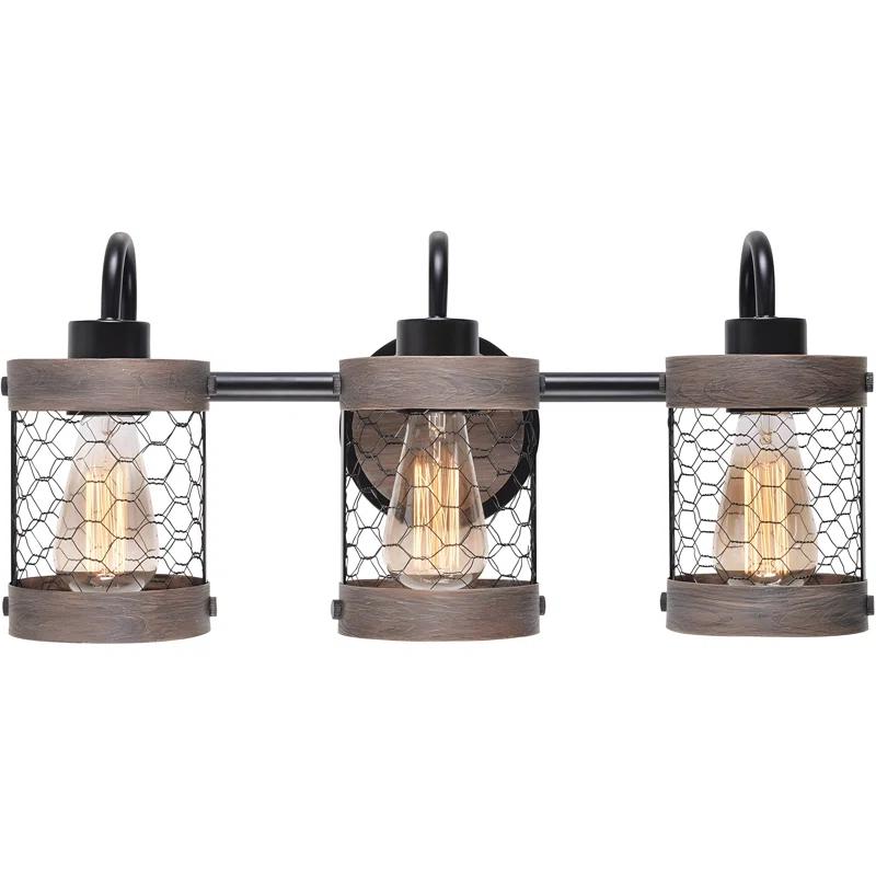 Co-t Kenroy Home Industrial Farmhouse 3-Light Bath Vanity Fixture With Chicken Wire Mesh Shades & Distressed Wood Accents