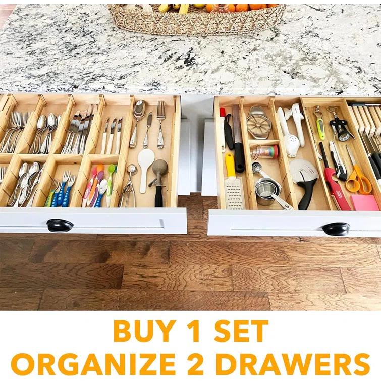 SpaceAid Bamboo Drawer Dividers with Inserts and Labels – Adjustable Kitchen Drawer Organizers, Expandable Storage for Home, Office, Dressers, and Bathroom, 8 Dividers with 18 Inserts (17-22 inches)