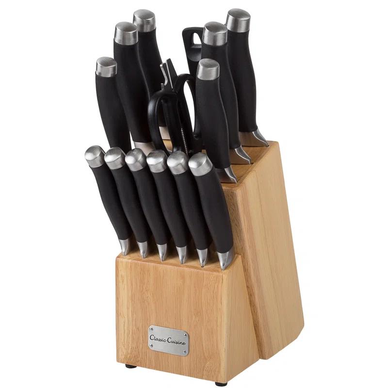 Classic Cuisine Professional 15-Piece Knife Set with Block - Stainless-Steel Cutlery with Chef, Bread, Santoku, Filet, Paring, and Steak Knives