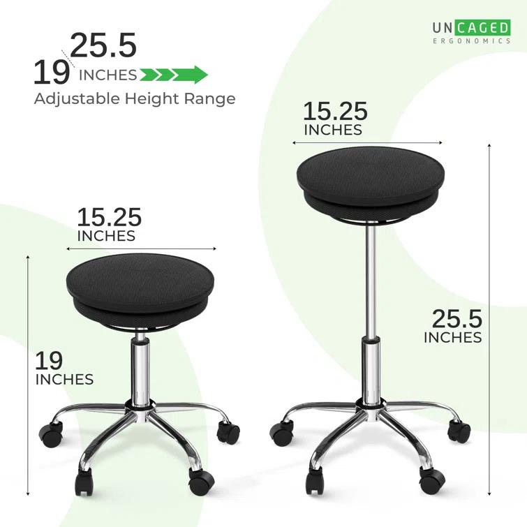 Uncaged Ergonomics Adjustable Height Ergonomic Active Stool with Footring Wheels