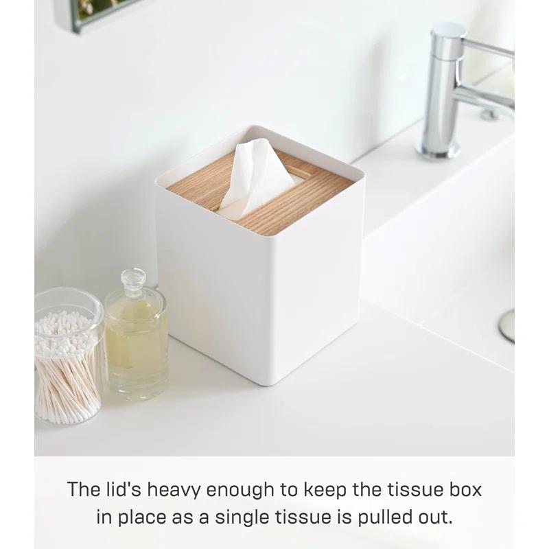 Yamazaki Home Yamazaki Home Square Reusable Tissue Box Cover Metal Container Case With Natural Wooden Lid,, Steel
