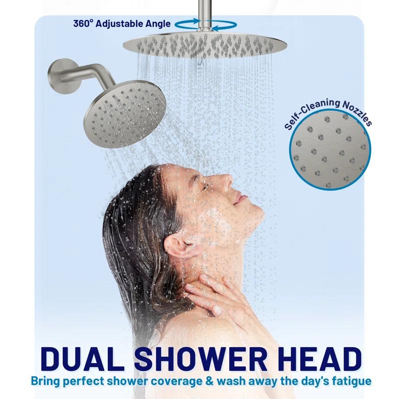 CASAINC BR01008SX12BN Rainfall Symphony 12inch Dual Showerhead Temperature Display Shower System with 2 in 1 Slider Bar Shower Handheld