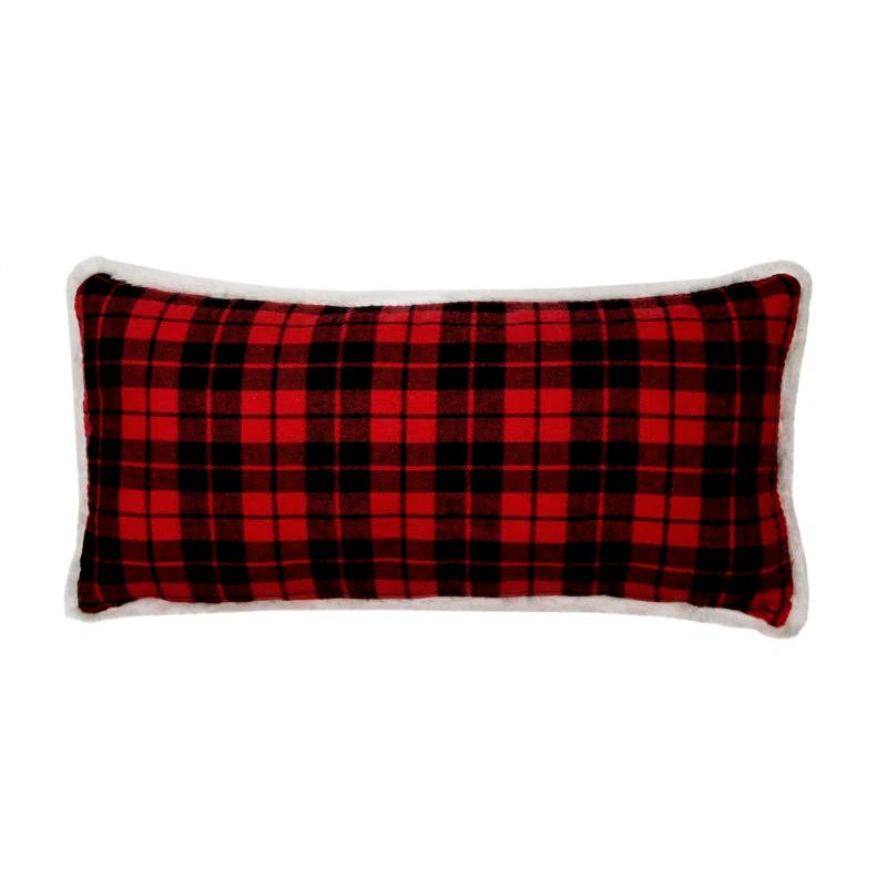 Manor Luxe Merry Christmas With Faux Fur Trim Christmas Buffalo Check Pillow, 10 By 20-Inch